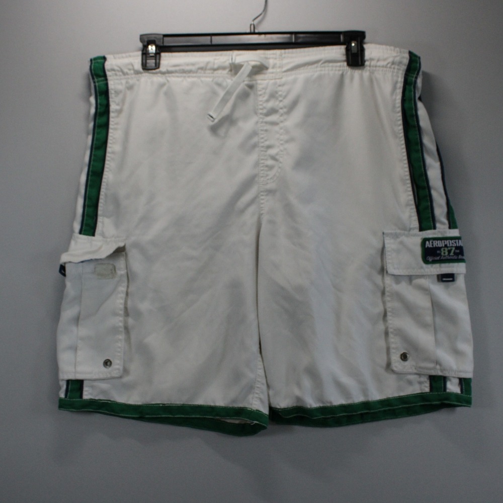 Aeropostale Mens L Cargo Board Shorts White Green Stripe Swim Trunks Beach Surf